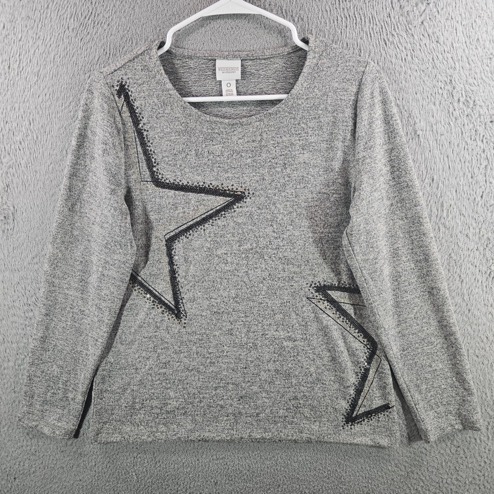 Chicos Weekends Gray Heathered Sequin Star Long Sleeve Top Size 0 XS S